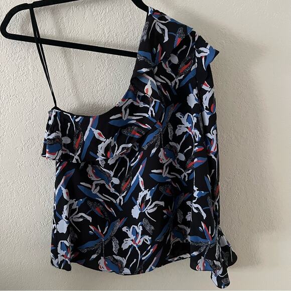 Tanya Taylor Oral Blue Floral Silk One Shoulder Blouse - Picture 3 of 7